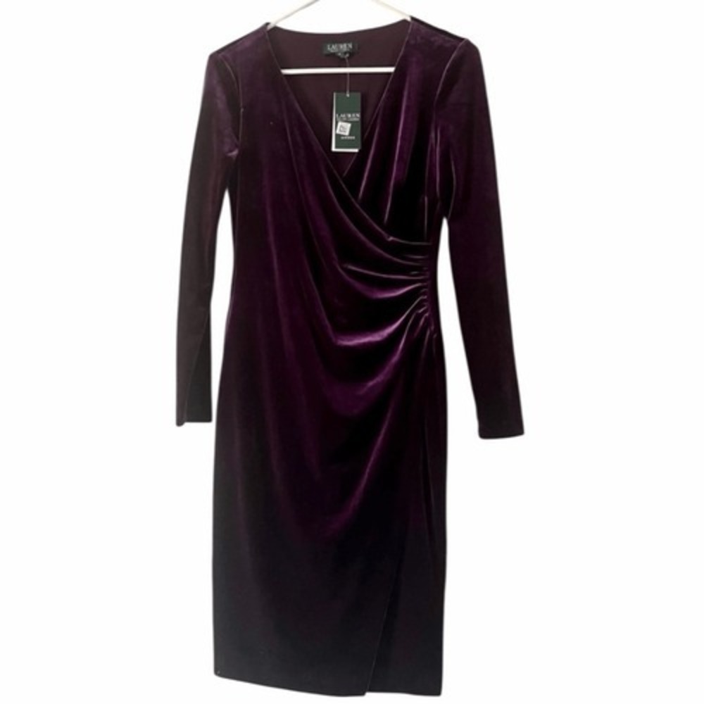 NEW Ralph Lauren Women's 14 Stretch Velvet Surplice Dress in Royal Claret Velvet - Picture 6 of 8